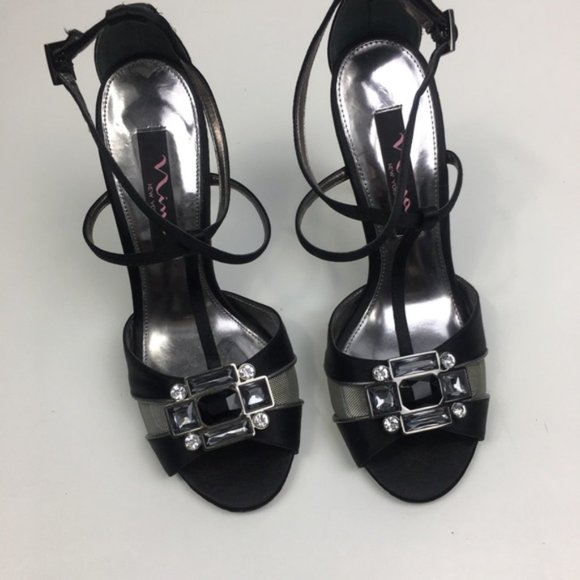 Nina Black/Silver Satin Jewel Heel Peep-Toe Pumps - Picture 10 of 12